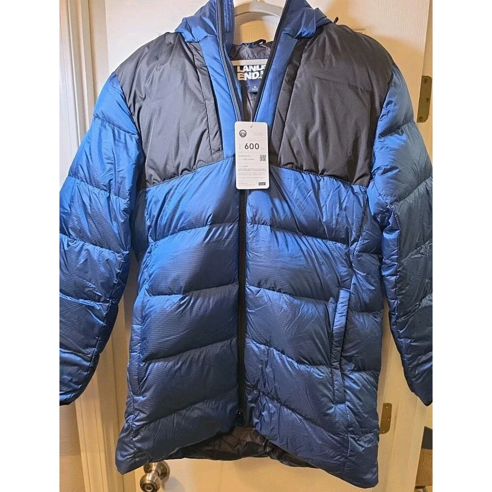 Lands' End 600 Fill Down Puffer Jacket Men's Small Blue Black Faux Fur Hood NWT